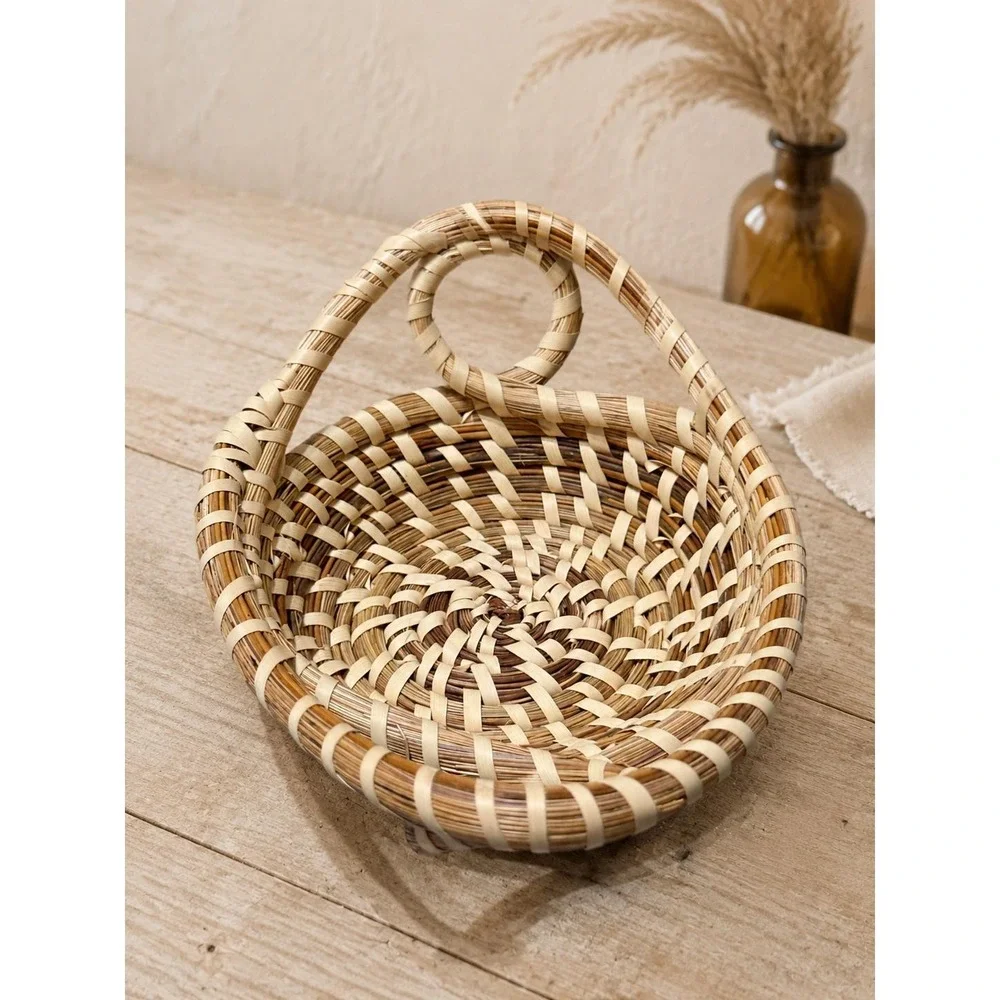 Vintage Gullah Sweetgrass Basket Coiled Lowcountry Folk Art Handwoven Handles